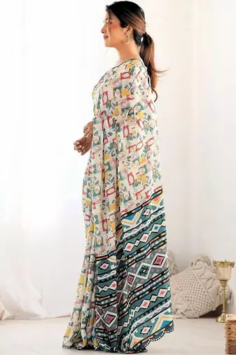 Off white pure georgette printed saree with blouse