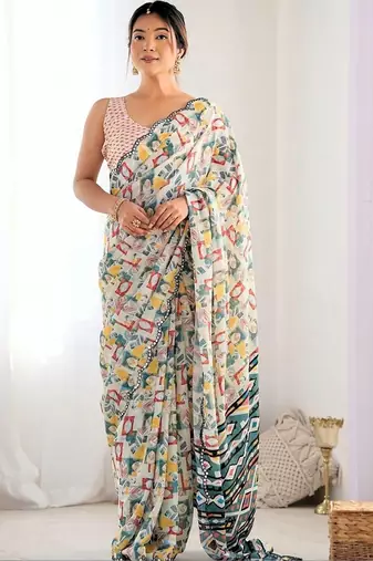 Off white pure georgette printed saree with blouse