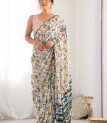 Off white pure georgette printed saree with blouse