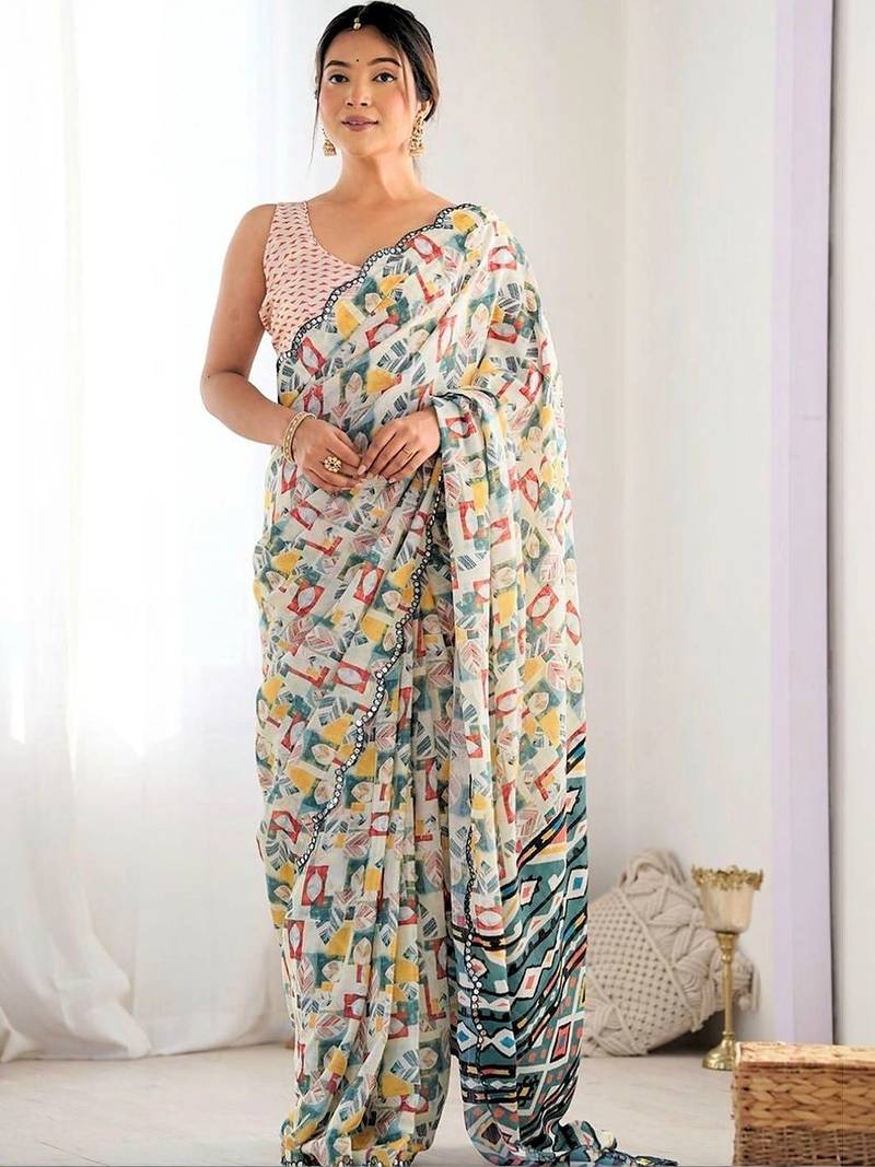 Off white pure georgette printed saree with blouse