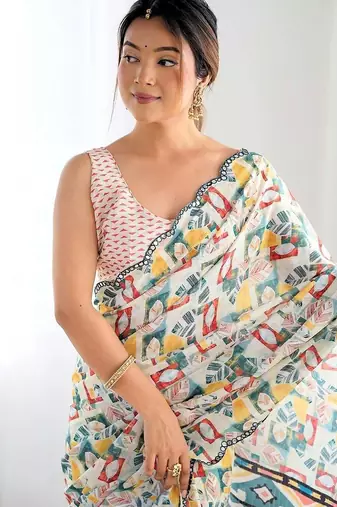 Off white pure georgette printed saree with blouse