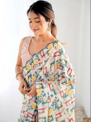 Off white pure georgette printed saree with blouse 5