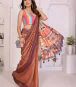 Brown linen printed saree with blouse