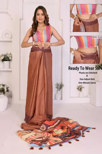 Brown linen printed saree with blouse