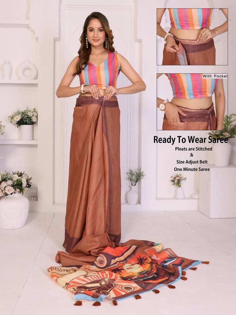 Brown linen printed saree with blouse