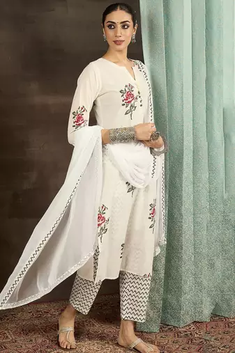 Women Floral Printed Cotton Kurta with Trousers & With Dupatta