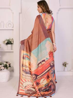 Brown linen printed saree with blouse 5