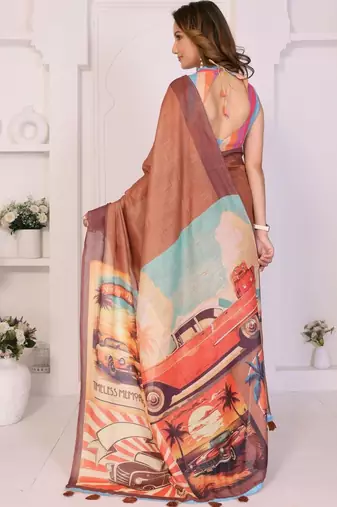 Brown linen printed saree with blouse