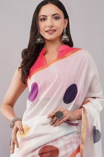White pure linen printed saree with blouse