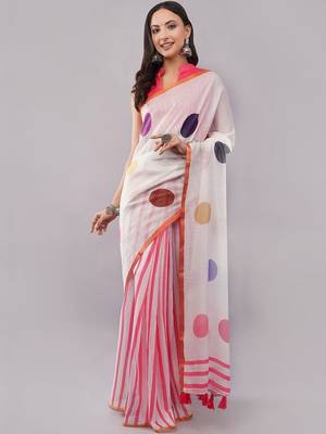 White pure linen printed saree with blouse 2