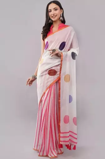 White pure linen printed saree with blouse