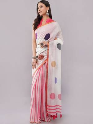 White pure linen printed saree with blouse 3