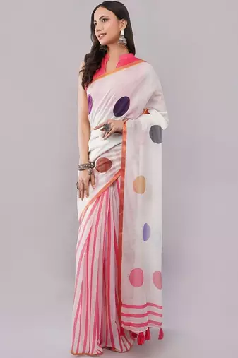 White pure linen printed saree with blouse