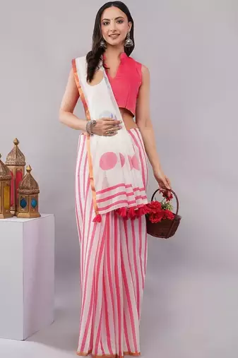 White pure linen printed saree with blouse