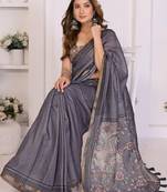 Grey linen checked saree with blouse
