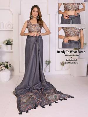 Grey linen checked saree with blouse 2