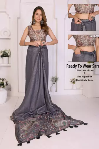 Grey linen checked saree with blouse