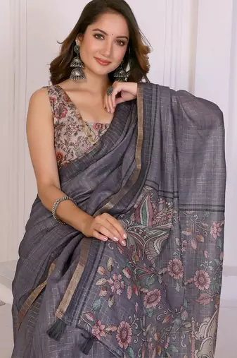 Grey linen checked saree with blouse