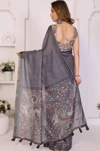 Grey linen checked saree with blouse