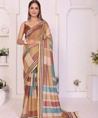Multicolor linen striped saree with blouse 1