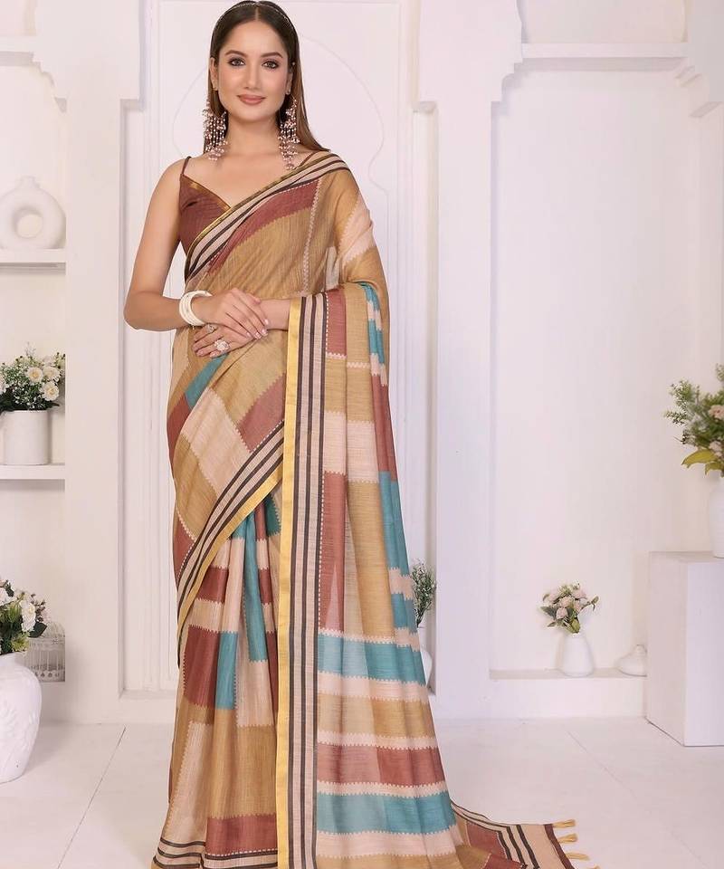Multicolor linen striped saree with blouse