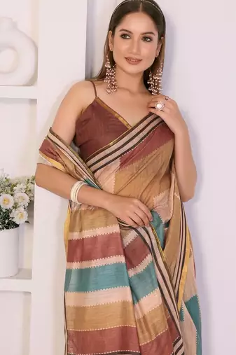 Multicolor linen striped saree with blouse