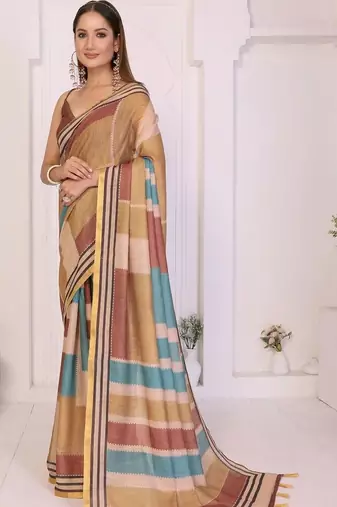 Multicolor linen striped saree with blouse