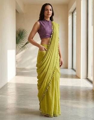 Lime blended cotton solid saree with blouse 1