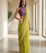 Lime blended cotton solid saree with blouse