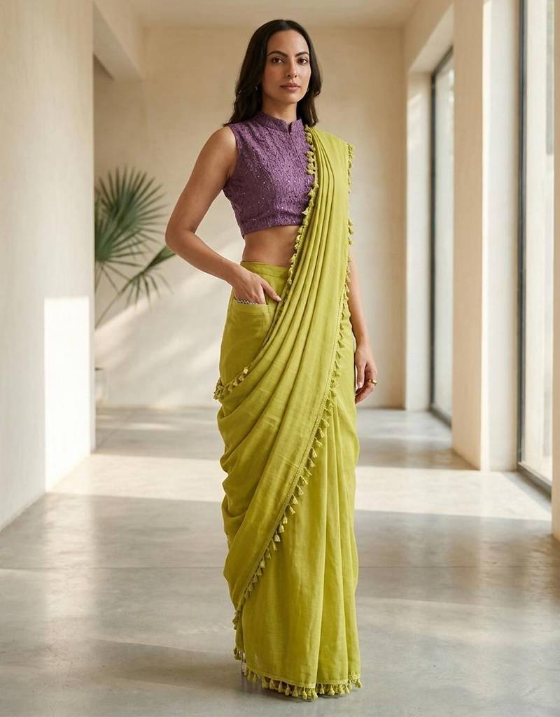 Lime blended cotton solid saree with blouse