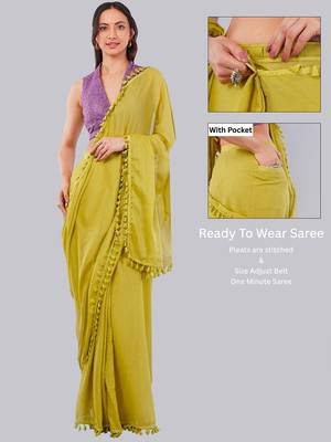 Lime blended cotton solid saree with blouse 2