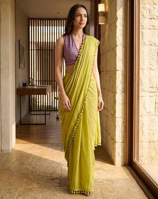 Lime blended cotton solid saree with blouse 3