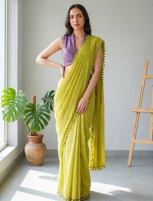 Lime blended cotton solid saree with blouse 4