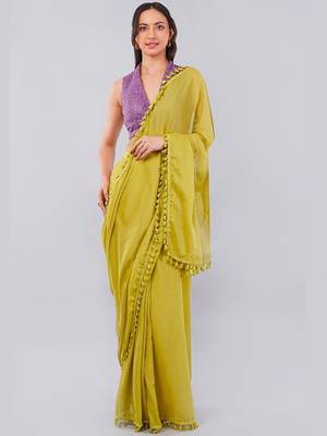 Lime blended cotton solid saree with blouse 5