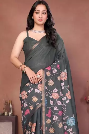 Charcoal linen printed saree with blouse