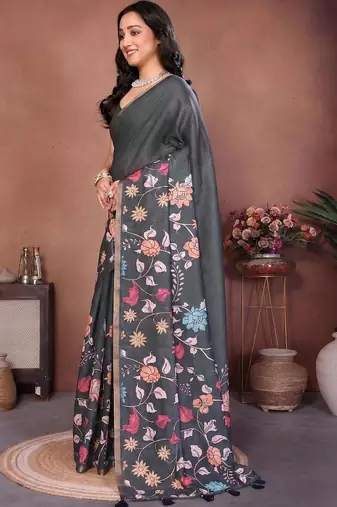 Charcoal linen printed saree with blouse