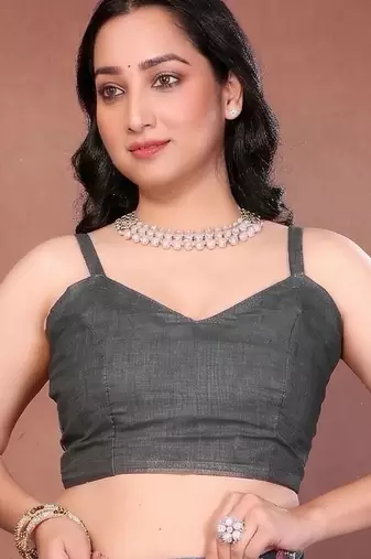 Charcoal linen printed saree with blouse