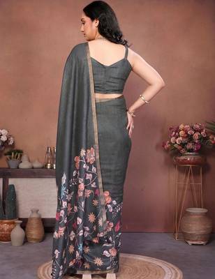 Charcoal linen printed saree with blouse 5