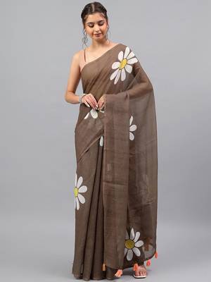 Brown linen printed saree with blouse 1