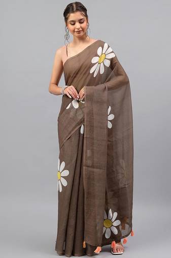 Brown linen printed saree with blouse