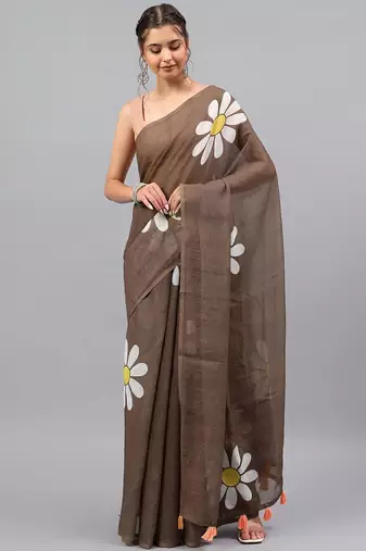 Brown linen printed saree with blouse