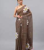 Brown linen printed saree with blouse