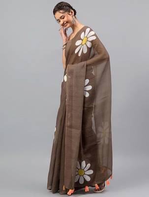 Brown linen printed saree with blouse 2