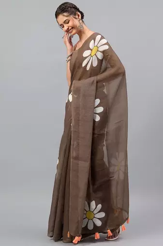 Brown linen printed saree with blouse