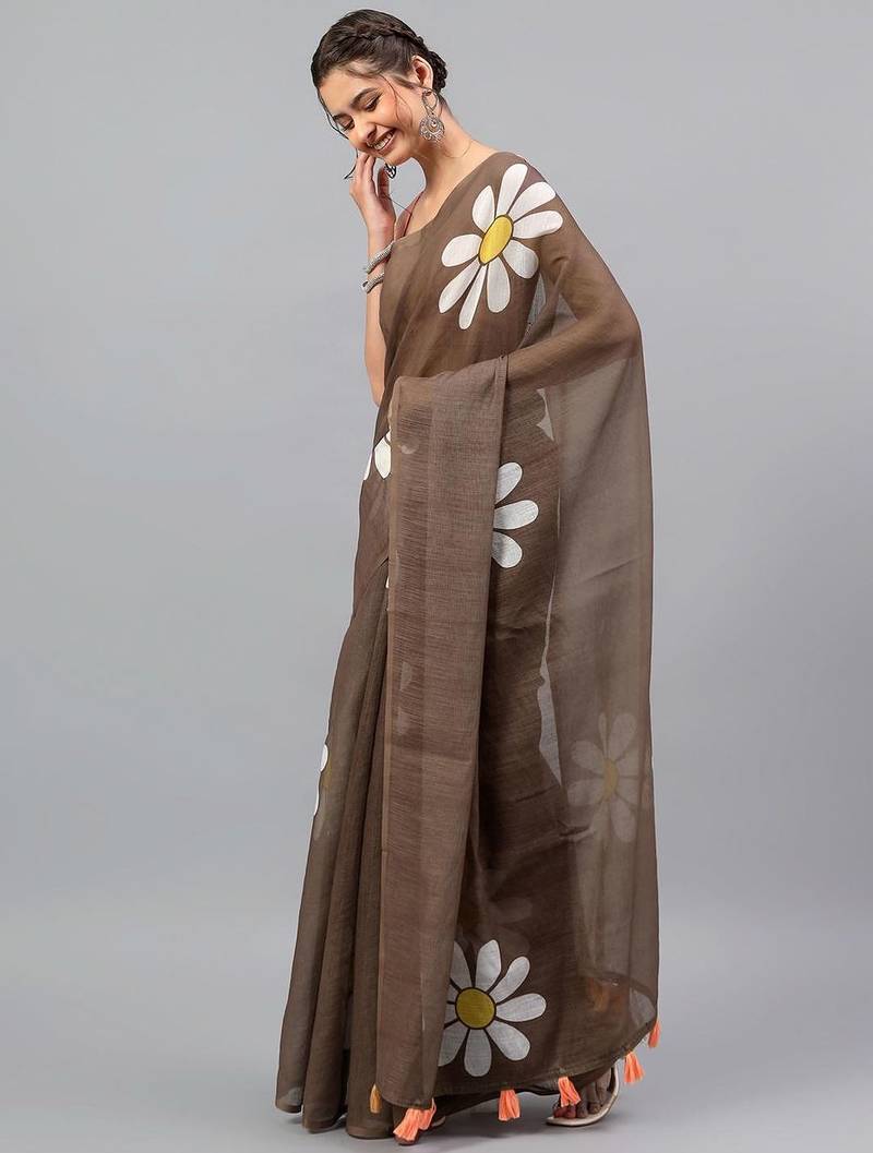 Brown linen printed saree with blouse