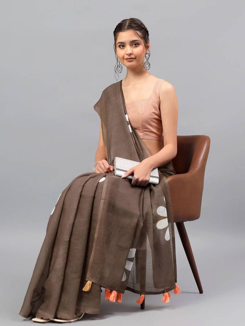 Brown linen printed saree with blouse
