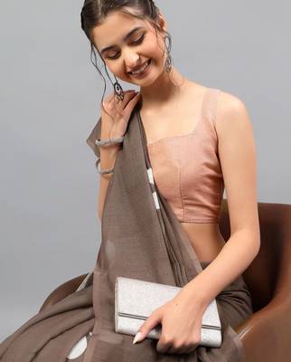 Brown linen printed saree with blouse 4