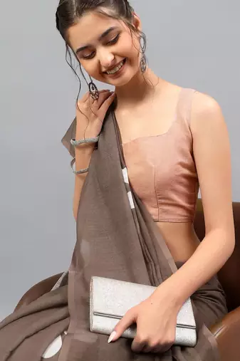 Brown linen printed saree with blouse