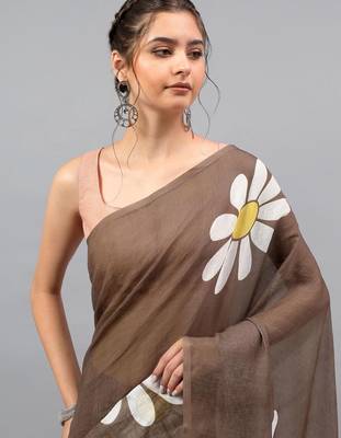 Brown linen printed saree with blouse 5