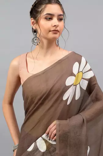 Brown linen printed saree with blouse